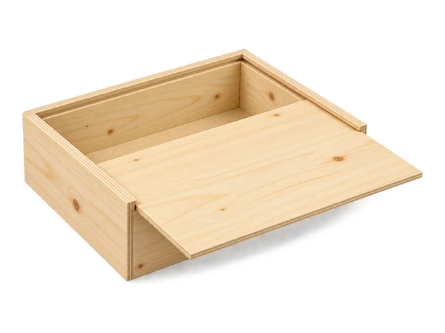 Caja de triplay de pino, con veta y nudos a la vista, y la tapa plana deslizada hacia afuera por las ranuras de sus lados