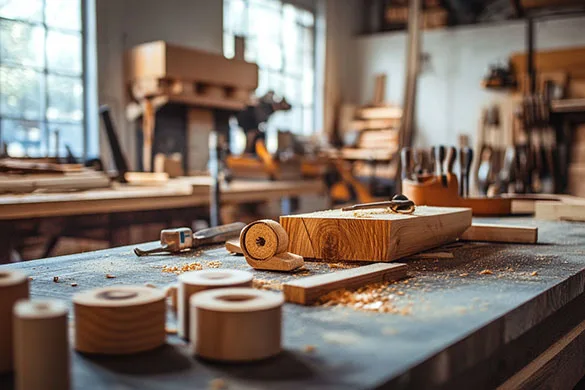 Mesa de trabajo del taller con piezas de madera torneadas y herramientas