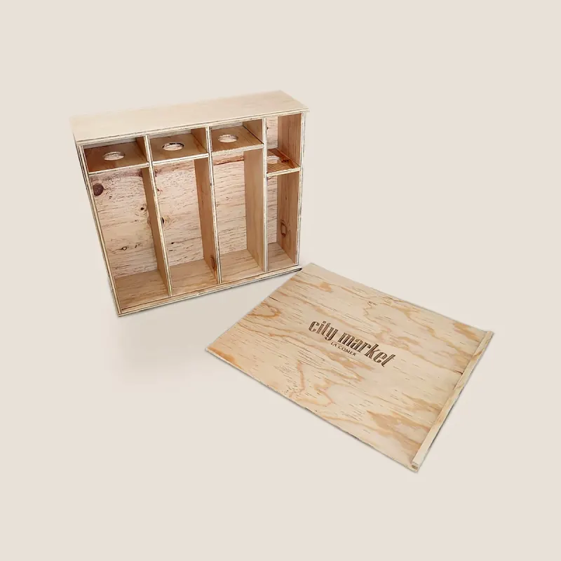 Caja de triplay para cuatro botellas de vino, con separadores, para City Market